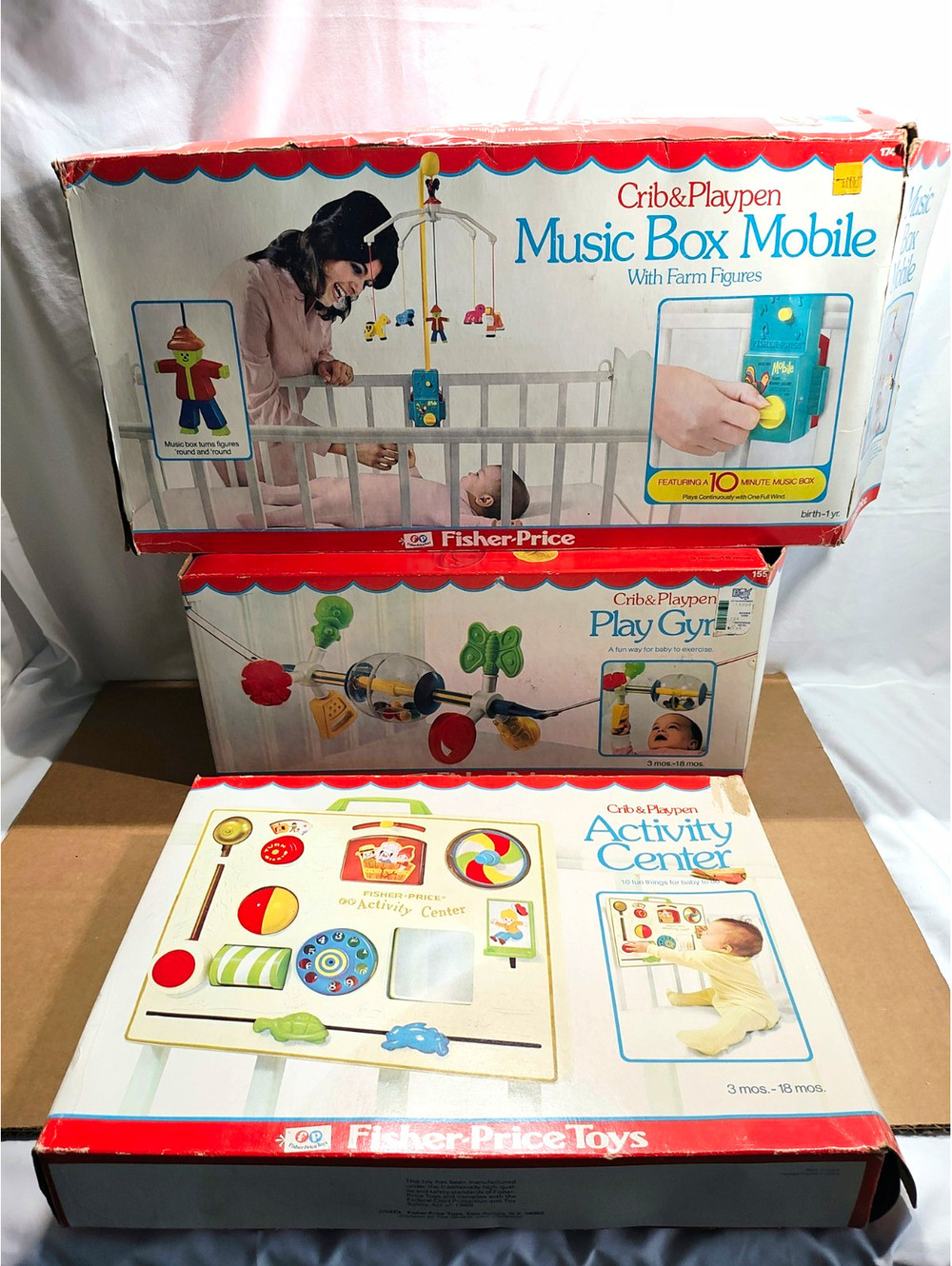 Lot Of 3 Vintage 1973 Fisher Price Baby Items Gently Used w/ Box Music Works